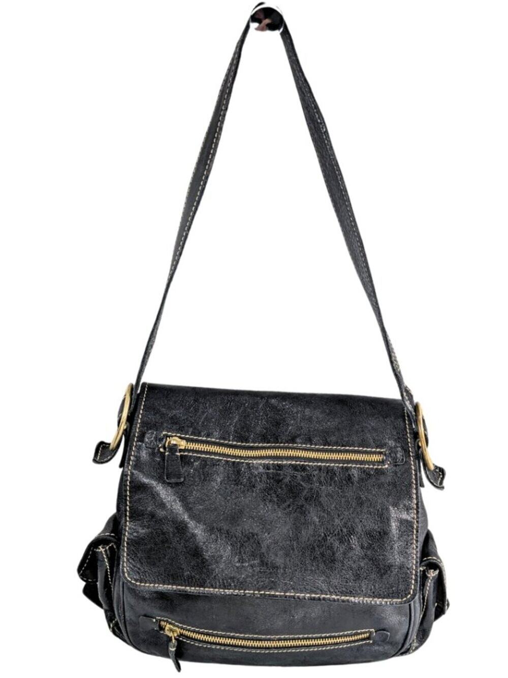 Frances Cobiasia Black Leather Y2K Vintage Flap Messenger Shoulder Bag